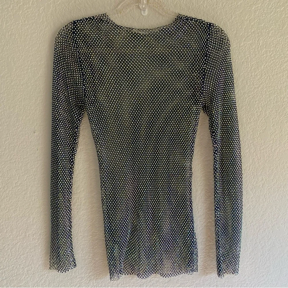 NEW Free People Filter Finish Long Sleeve Netted Rhinestone Top Navy